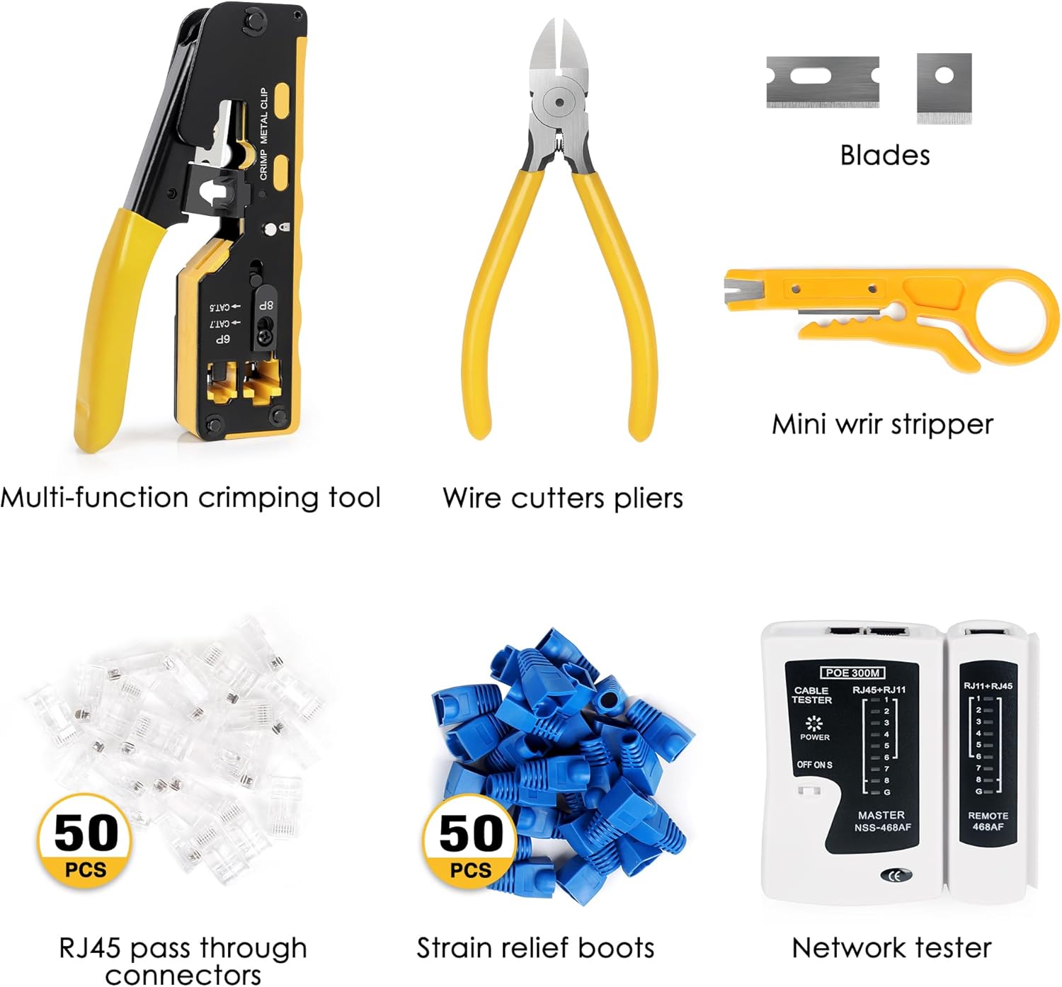 Yellow Wakhow RJ45 Crimp Tool Kit, Ethernet Pass Through Crimper, Network Cat5 Cat6 Cat7 Crimping Tool Repair Kit Includes Cable Tester, Mini Stripper, Blades, 50Pcs Connectors and Strain Relief Boots